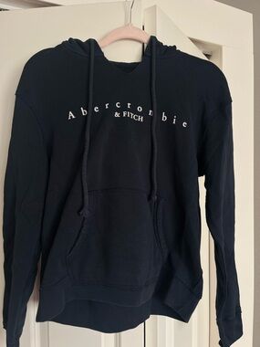 Abercrombie & Fitch Men's Navy Crewneck Hoodie with White Logo